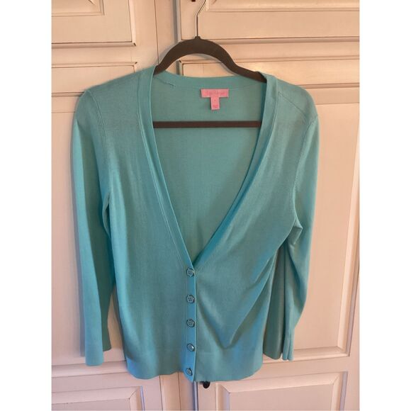 Lilly Pulitzer Open Cardigan Sz L Turquoise Long Sleeve - Picture 1 of 7